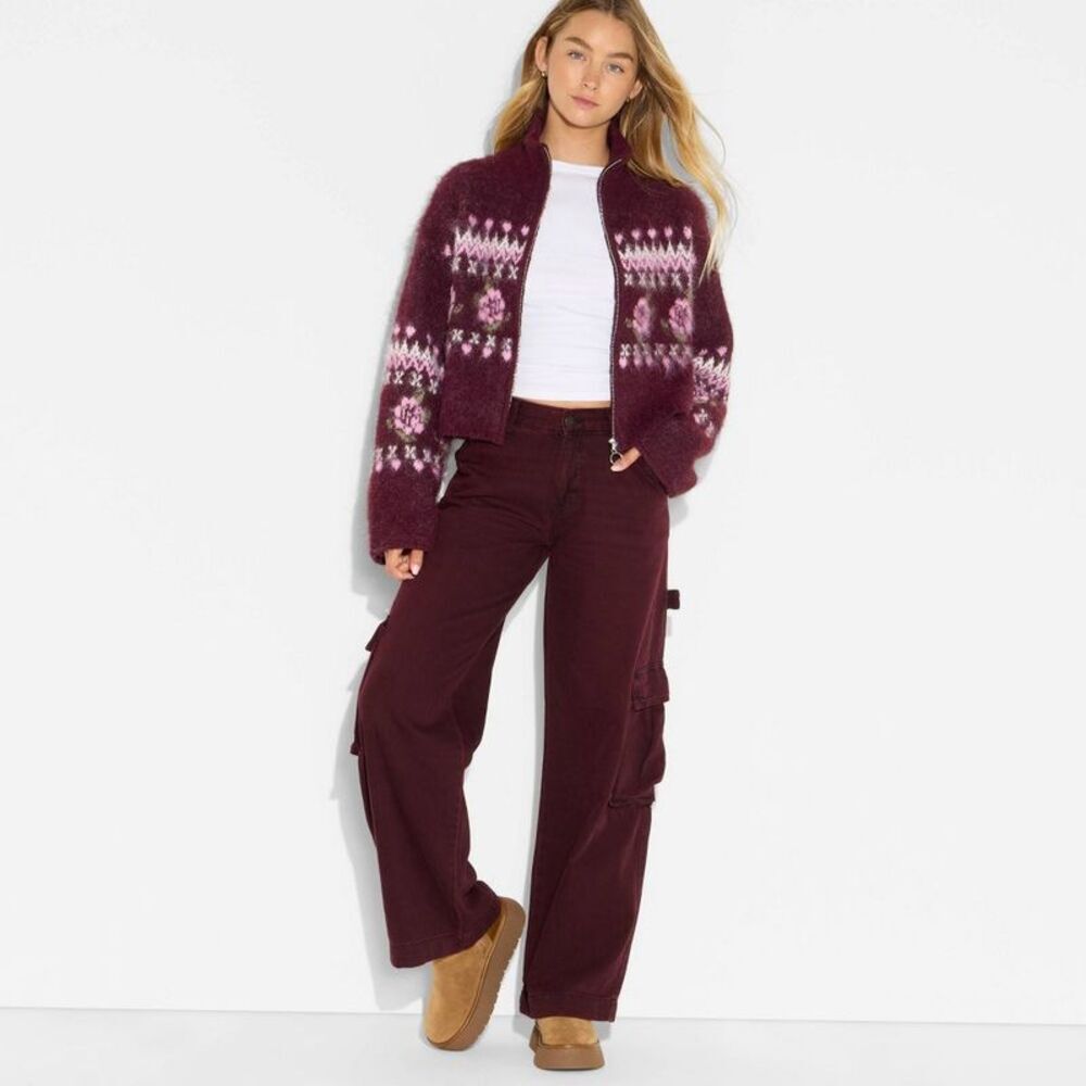 Women's Full Zip Mock Turtleneck Cardigan - Wild Fable Burgundy Floral S
